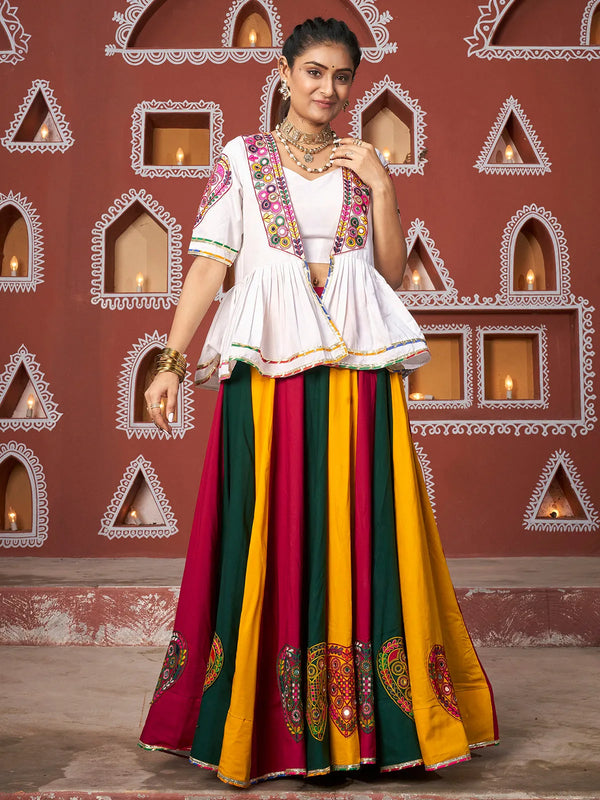 Multi-Color Viscose Rayon Navratri Lehenga with Embroidered Mirror Work Choli & Jacket