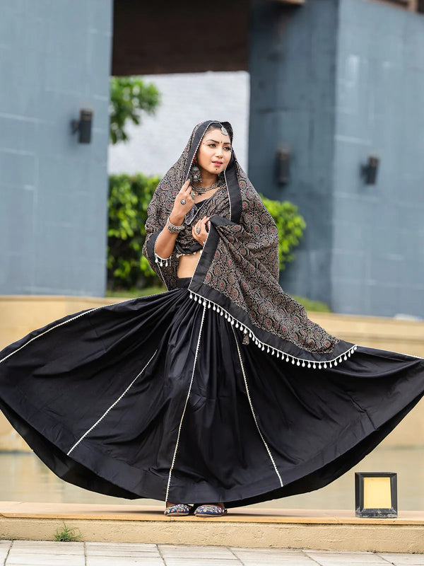 Black Cotton Lehenga Set with Gotta and Cowrie Work for Navratri