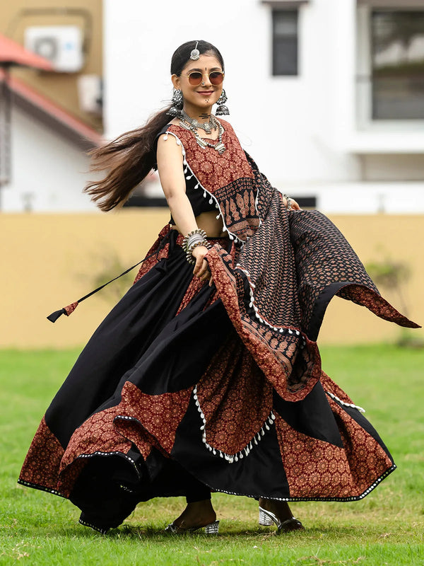 Maroon & Black Cotton Lehenga Set with Mirror and Codi Work for Navratri