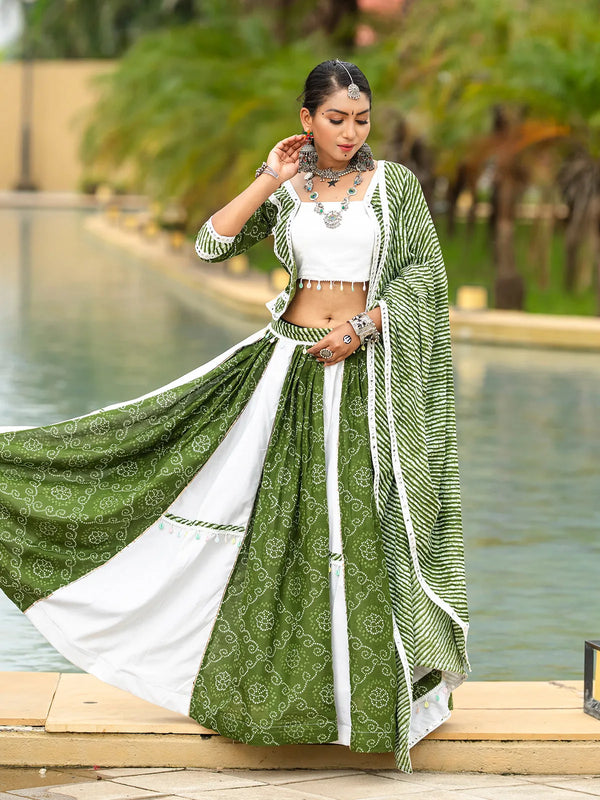 Green & White Cotton Lehenga Set with Mirror and Codi Work for Navratri