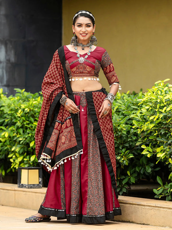 Maroon Cotton Lehenga Set with Mirror and Codi Work for Navratri