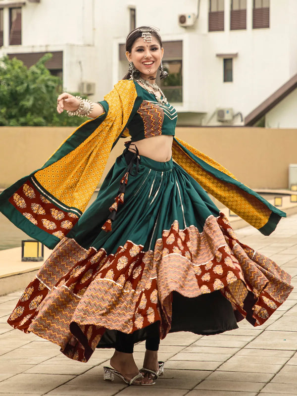 Green Cotton Navratri Lehenga Set with Printed Gotta and Codi Work for Navratri