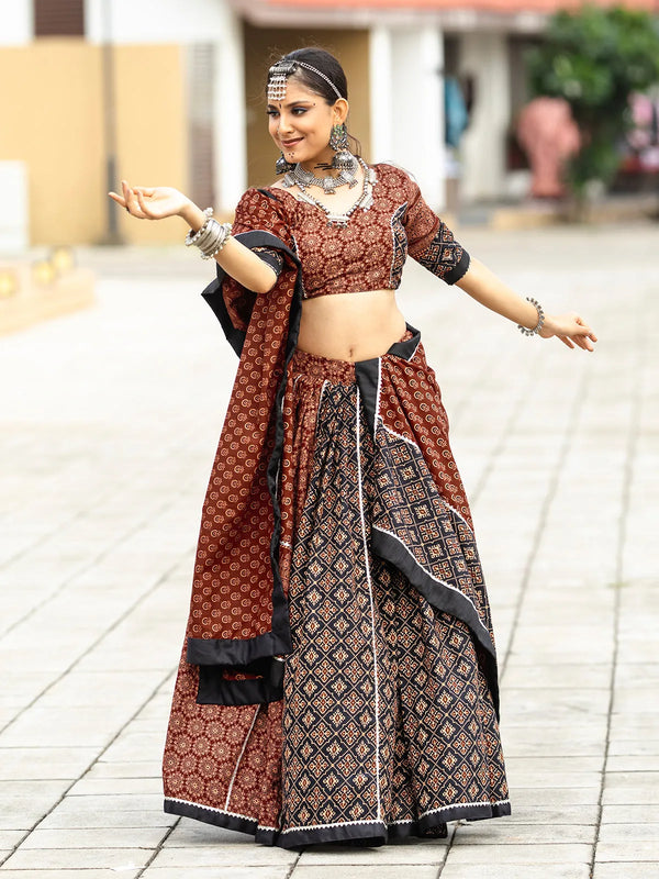 Black & Maroon Cotton Navratri Lehenga Set with Printed Gotta and Codi Work for Navratri