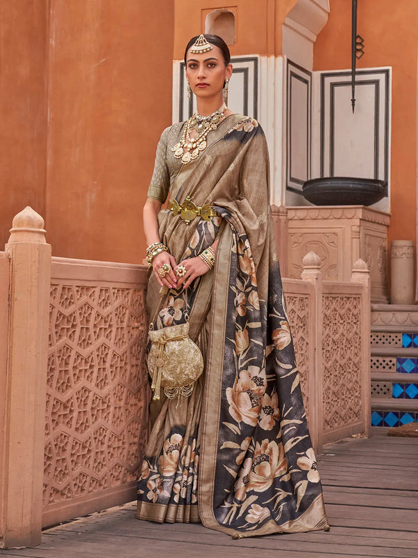 Beige And Black Colour Soft Silk Floral Printed Design Saree For Every Occasion