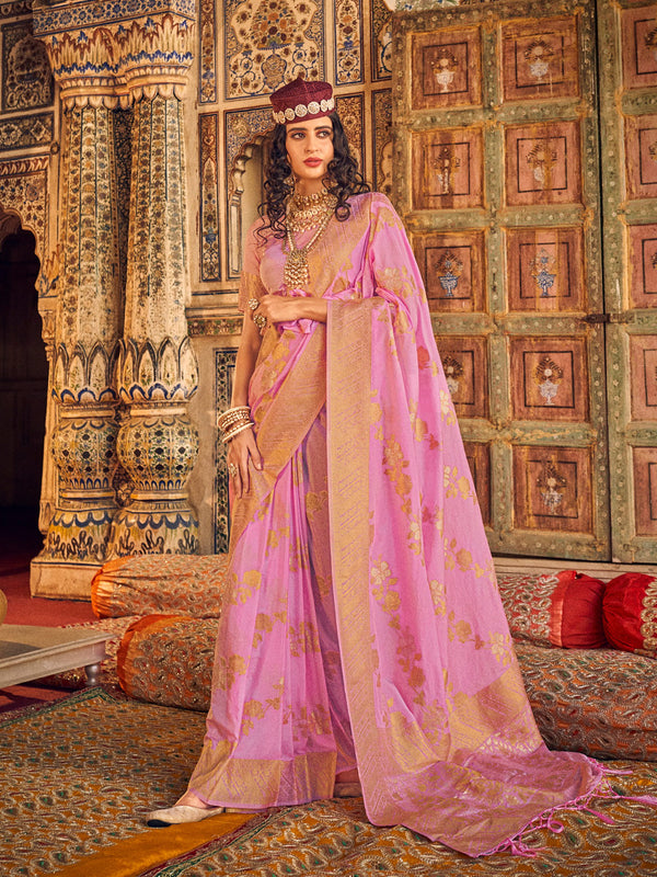 Pink Georgette Saree with Zari Weaving Work For Festival Wear