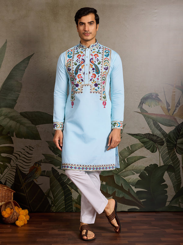 Premium Sky Blue Viscose Silk Men's Kurta with Thread & Sequin Embroidery – Perfect for Weddings & Festive Occasions