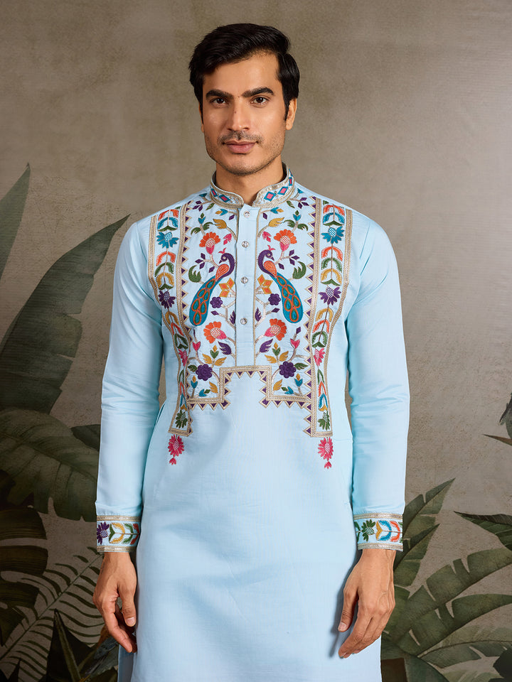Premium Sky Blue Viscose Silk Men's Kurta with Thread & Sequin Embroidery – Perfect for Weddings & Festive Occasions