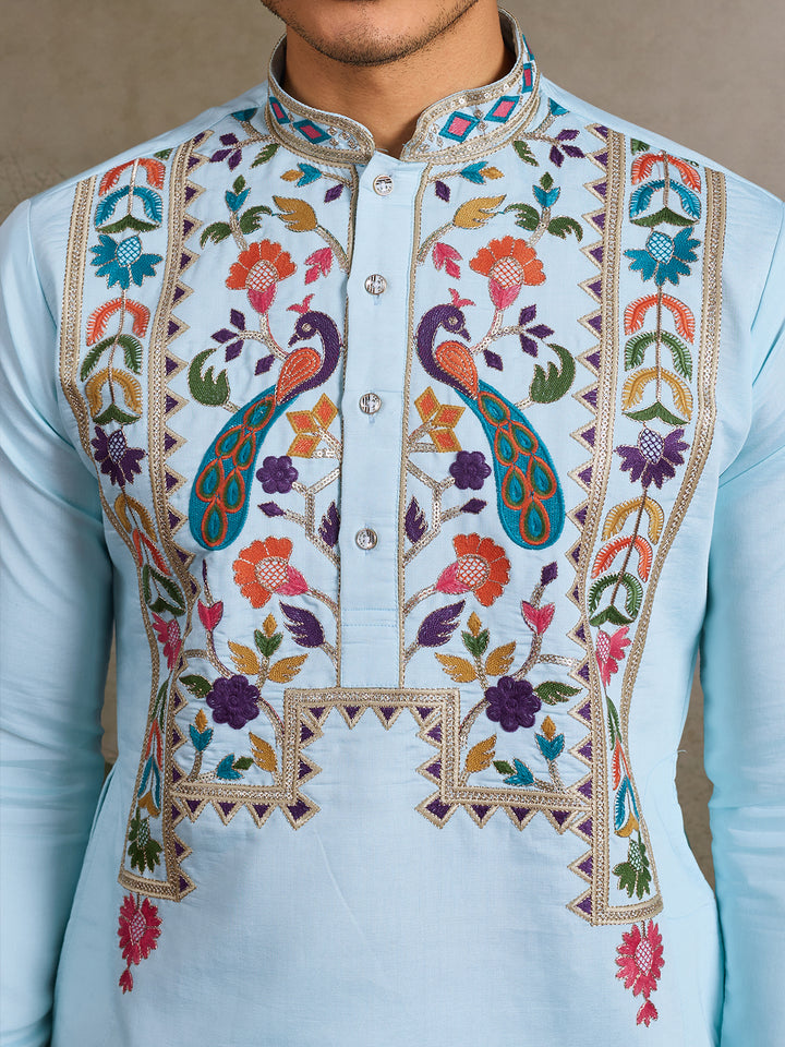 Premium Sky Blue Viscose Silk Men's Kurta with Thread & Sequin Embroidery – Perfect for Weddings & Festive Occasions