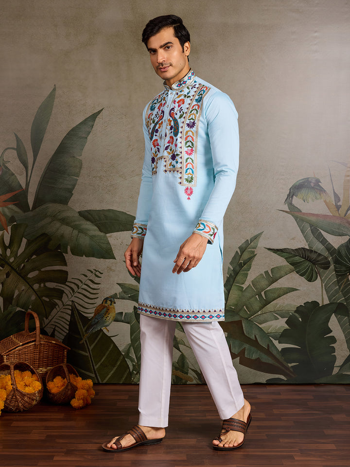 Premium Sky Blue Viscose Silk Men's Kurta with Thread & Sequin Embroidery – Perfect for Weddings & Festive Occasions