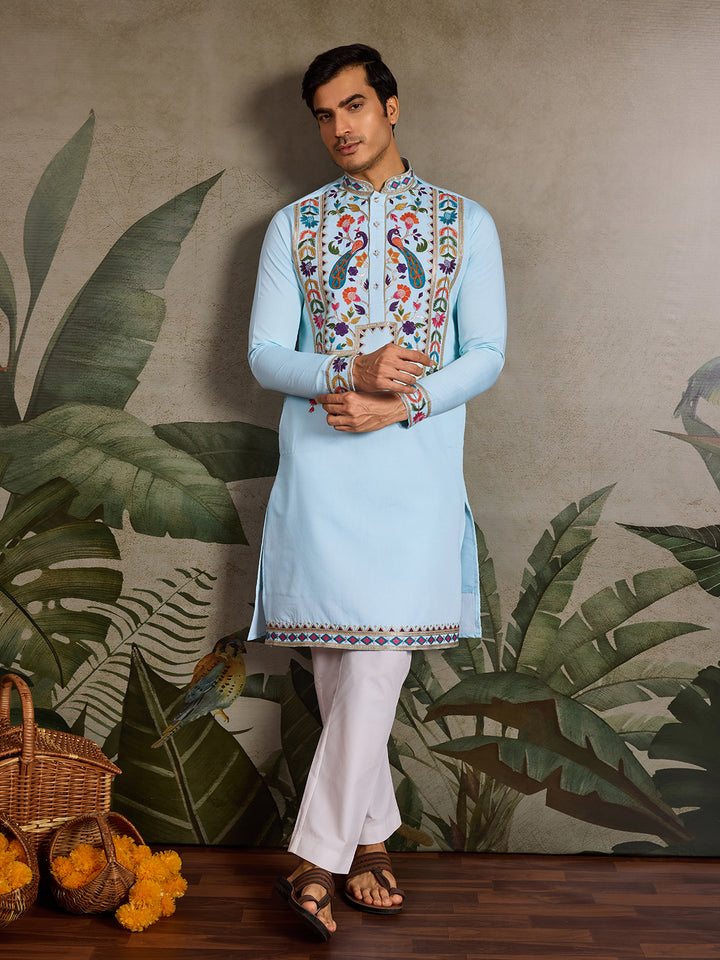 Premium Sky Blue Viscose Silk Men's Kurta with Thread & Sequin Embroidery – Perfect for Weddings & Festive Occasions