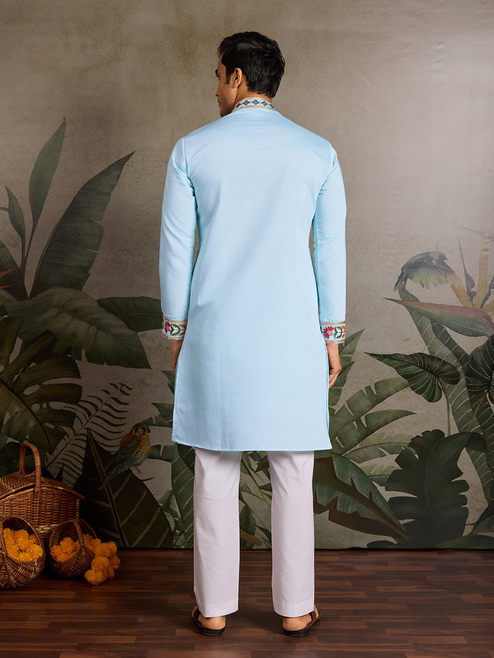 Premium Sky Blue Viscose Silk Men's Kurta with Thread & Sequin Embroidery – Perfect for Weddings & Festive Occasions