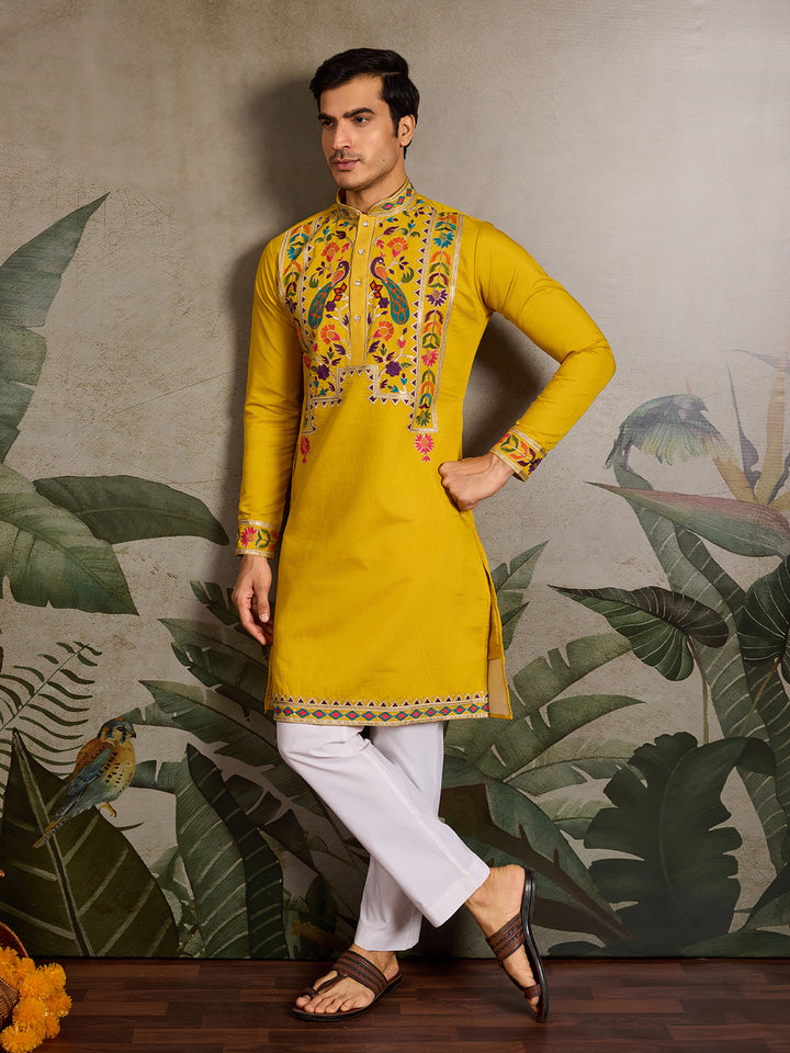 Yellow Viscose Silk Men’s Kurta with Thread & Sequin Embroidery
