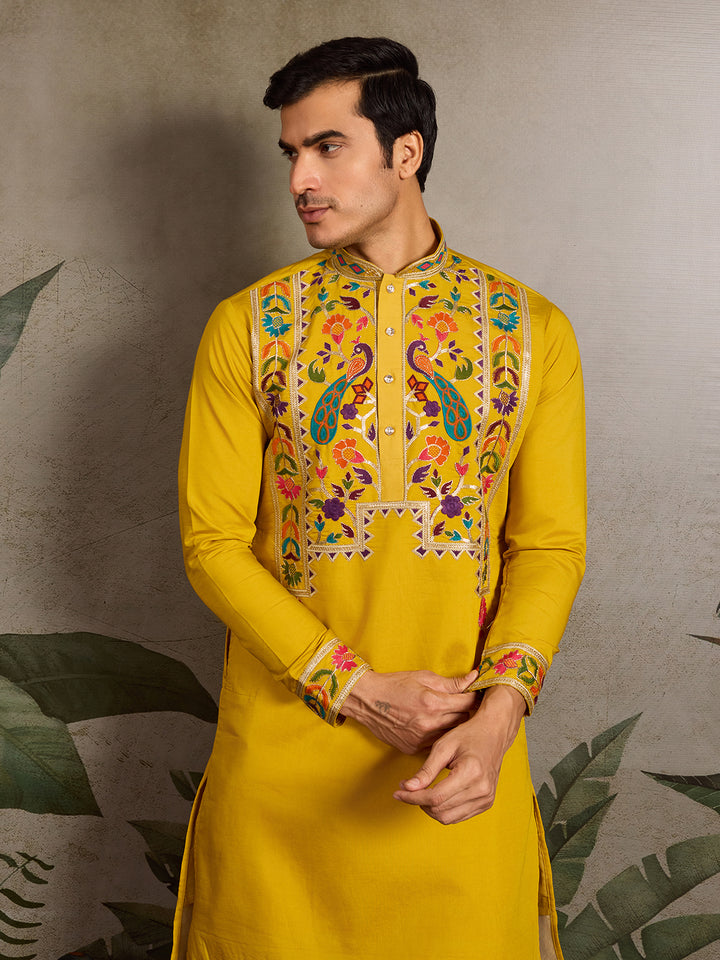 Yellow Viscose Silk Men’s Kurta with Thread & Sequin Embroidery