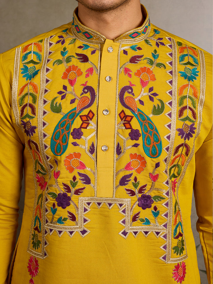 Yellow Viscose Silk Men’s Kurta with Thread & Sequin Embroidery