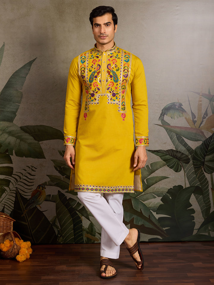 Yellow Viscose Silk Men’s Kurta with Thread & Sequin Embroidery
