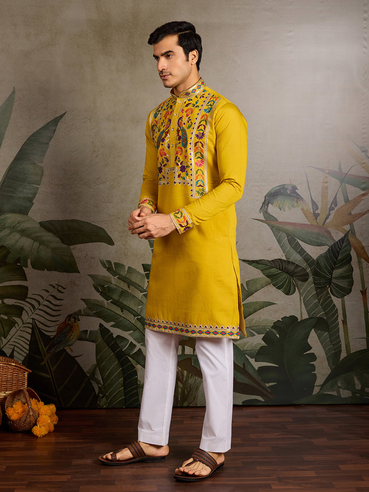 Yellow Viscose Silk Men’s Kurta with Thread & Sequin Embroidery