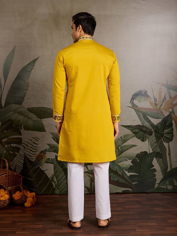 Yellow Viscose Silk Men’s Kurta with Thread & Sequin Embroidery