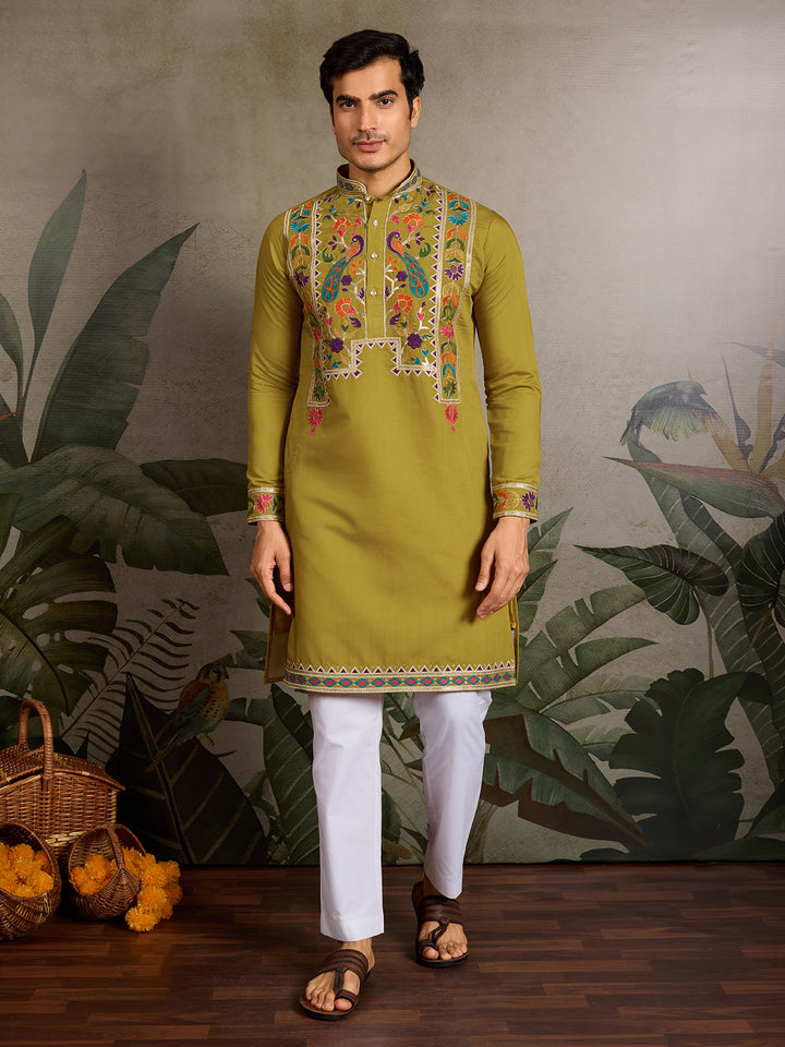 Men’s Green Viscose Silk Kurta with Thread & Sequence Embroidery – Festive & Wedding Wear
