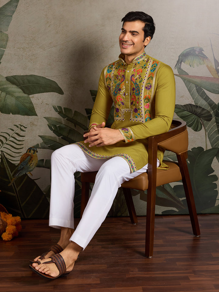 Men’s Green Viscose Silk Kurta with Thread & Sequence Embroidery – Festive & Wedding Wear