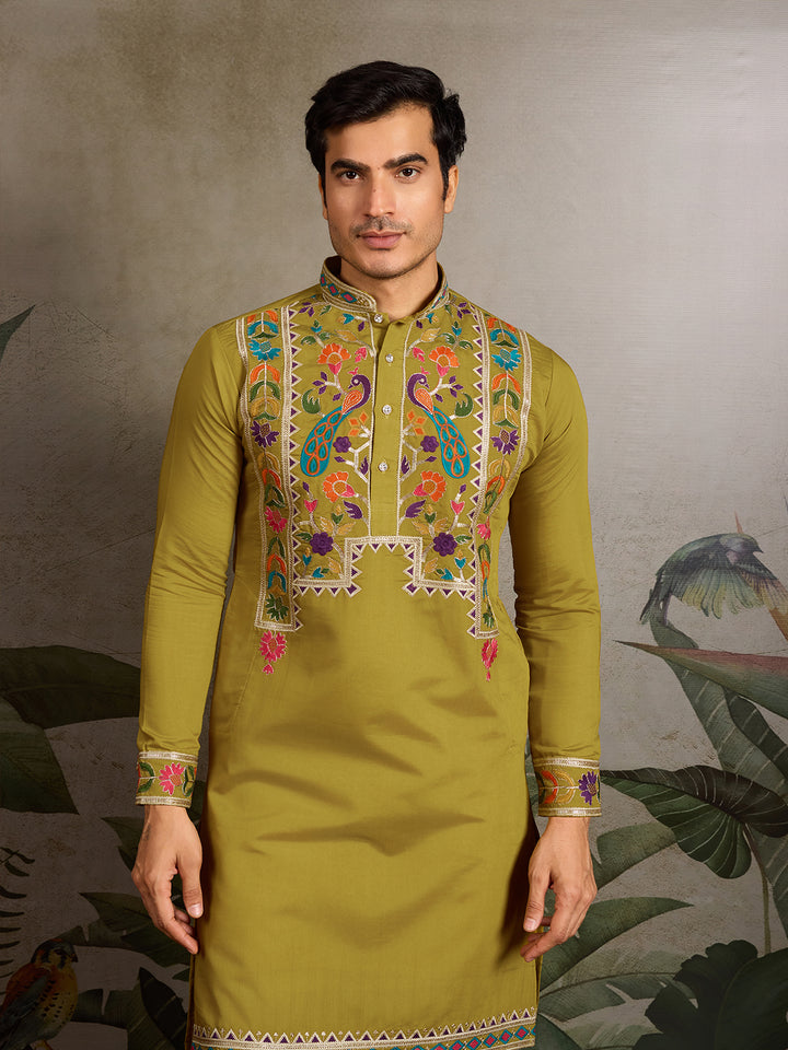 Men’s Green Viscose Silk Kurta with Thread & Sequence Embroidery – Festive & Wedding Wear