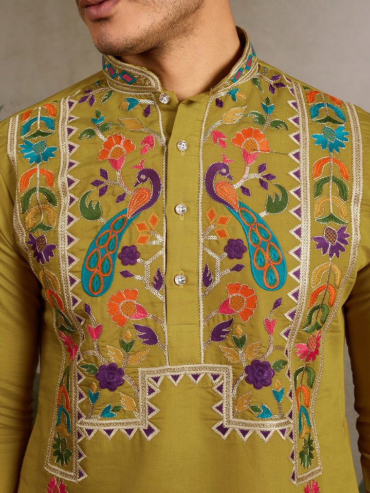 Men’s Green Viscose Silk Kurta with Thread & Sequence Embroidery – Festive & Wedding Wear