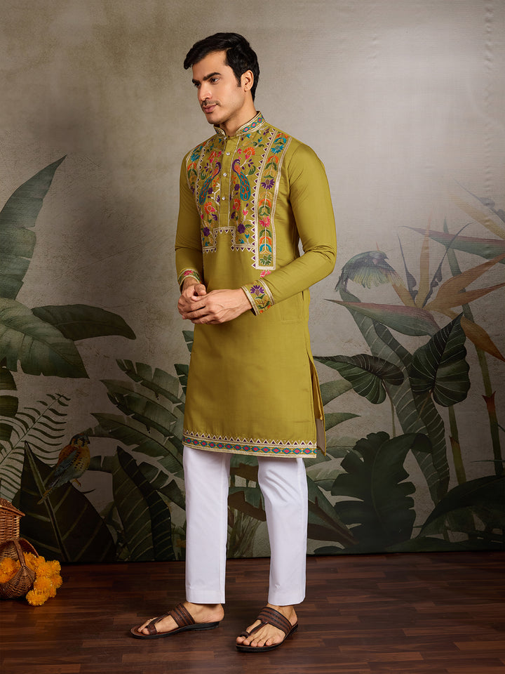 Men’s Green Viscose Silk Kurta with Thread & Sequence Embroidery – Festive & Wedding Wear