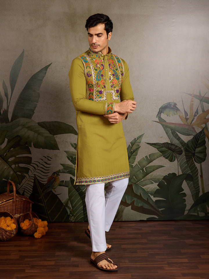 Men’s Green Viscose Silk Kurta with Thread & Sequence Embroidery – Festive & Wedding Wear
