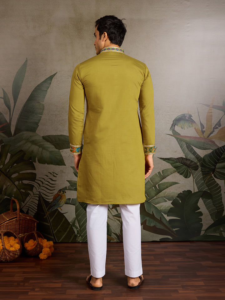 Men’s Green Viscose Silk Kurta with Thread & Sequence Embroidery – Festive & Wedding Wear