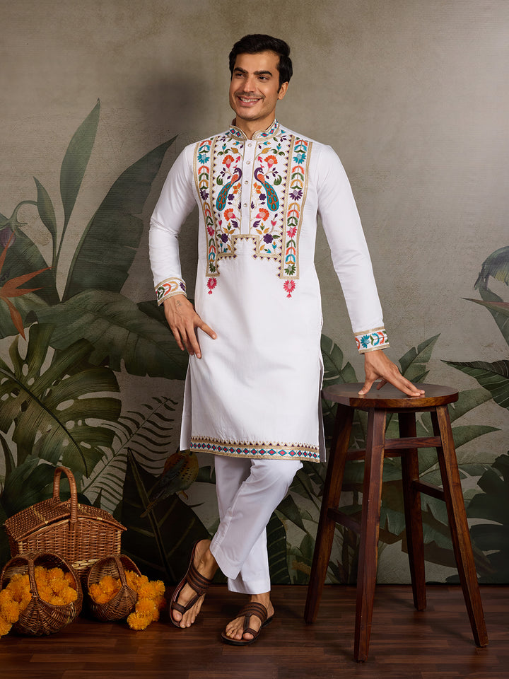 White Viscose Silk Men's Kurta with Threads & Sequence Embroidery – Elegant Occasion Wear for Weddings & Festive Events