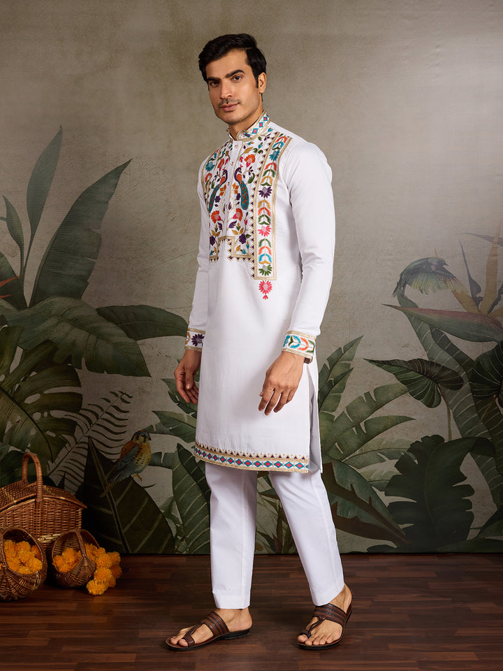 White Viscose Silk Men's Kurta with Threads & Sequence Embroidery – Elegant Occasion Wear for Weddings & Festive Events