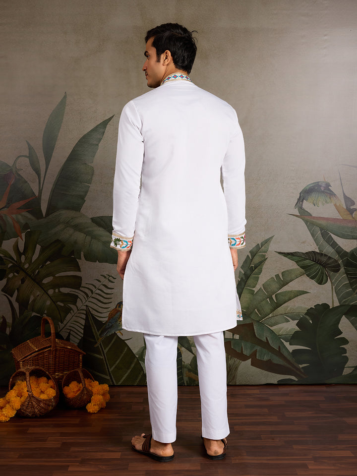 White Viscose Silk Men's Kurta with Threads & Sequence Embroidery – Elegant Occasion Wear for Weddings & Festive Events