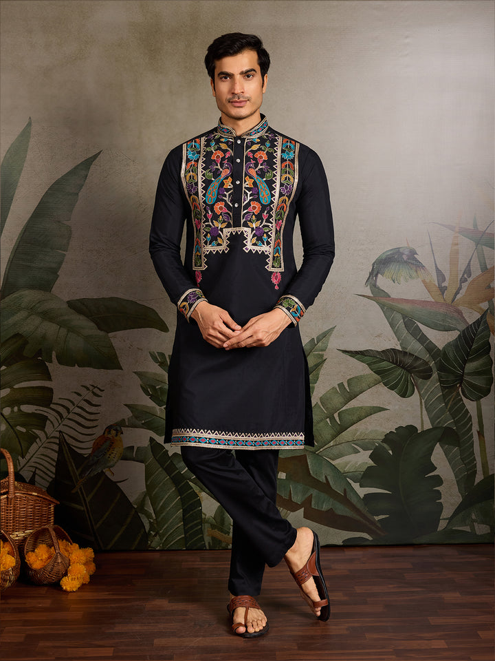 Black Viscose Silk Men’s Kurta with Thread & Sequin Embroidery – Elegant Festive & Wedding Wear