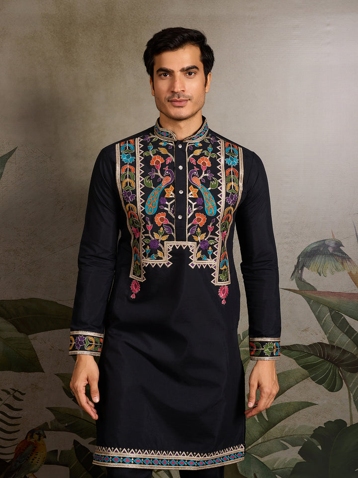 Black Viscose Silk Men’s Kurta with Thread & Sequin Embroidery – Elegant Festive & Wedding Wear