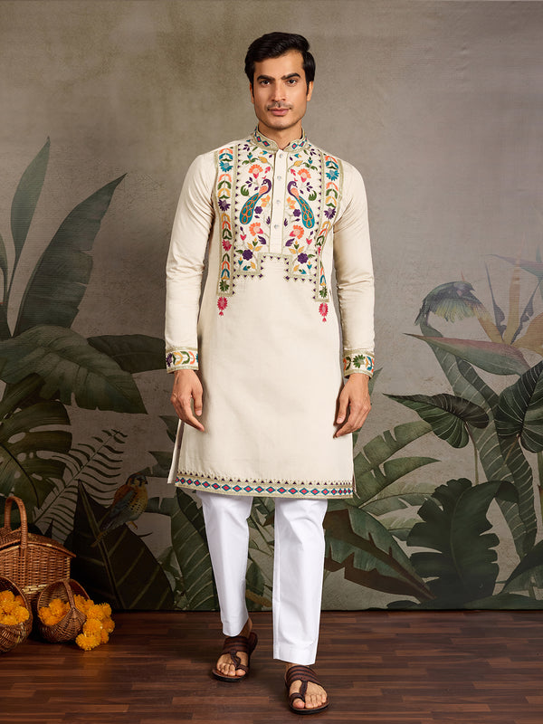 Beige Viscose Silk Men’s Kurta with Thread & Sequin Embroidery 