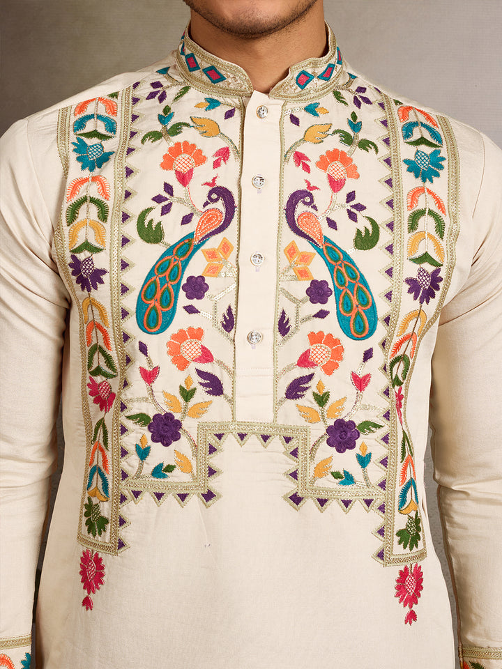 Beige Viscose Silk Men’s Kurta with Thread & Sequin Embroidery 
