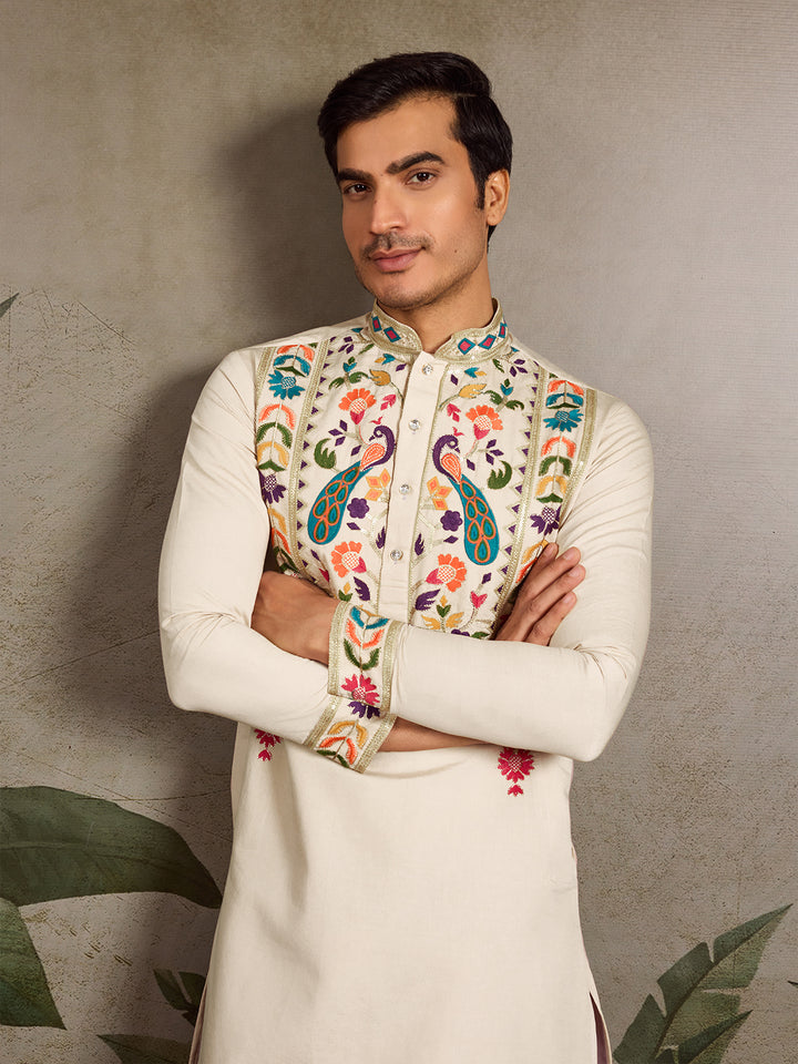 Beige Viscose Silk Men’s Kurta with Thread & Sequin Embroidery 