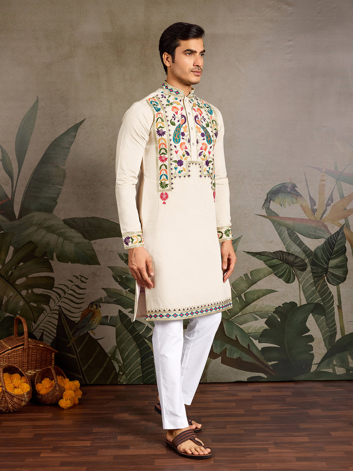 Beige Viscose Silk Men’s Kurta with Thread & Sequin Embroidery 