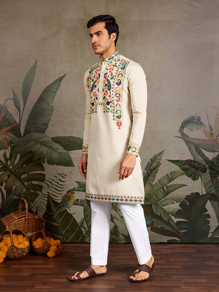 Beige Viscose Silk Men’s Kurta with Thread & Sequin Embroidery 