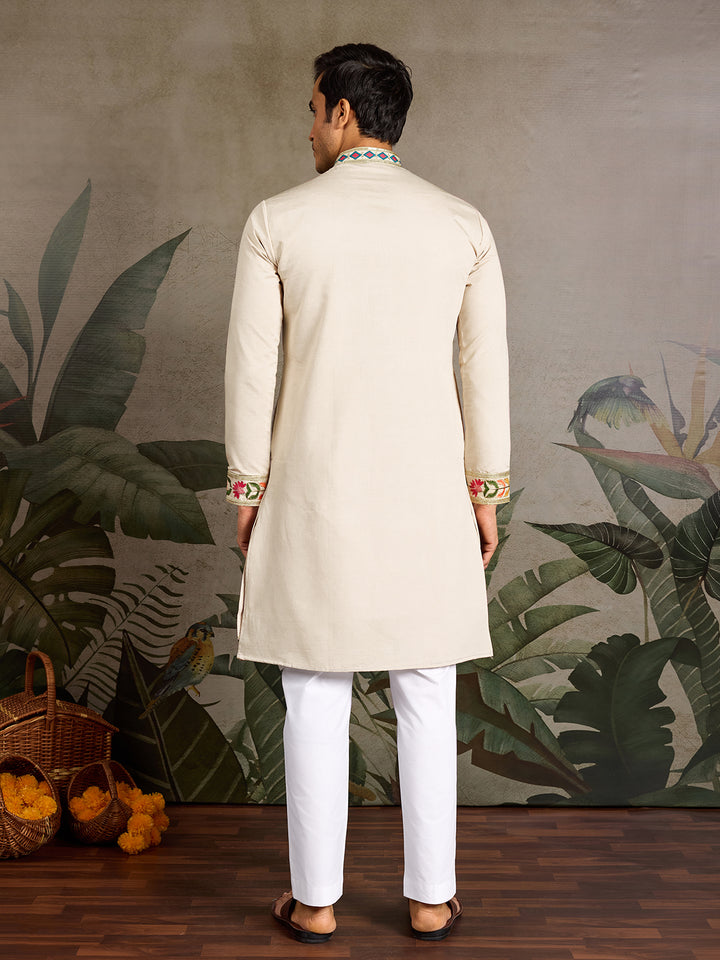 Beige Viscose Silk Men’s Kurta with Thread & Sequin Embroidery 