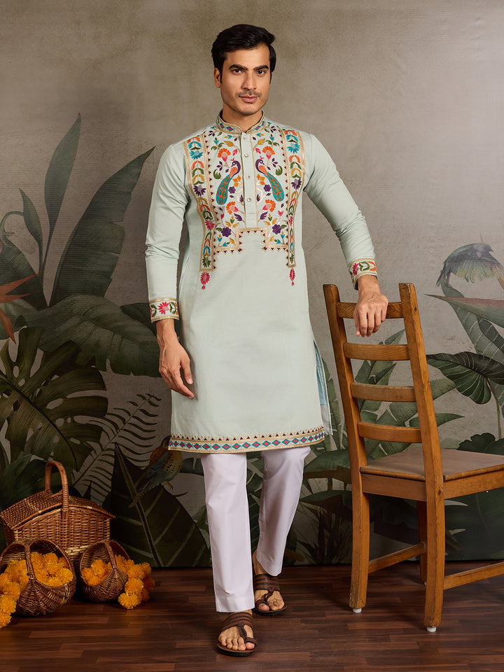 Man wearing a light blue kurta with colorful embroidery standing in a room with plants and a chair.