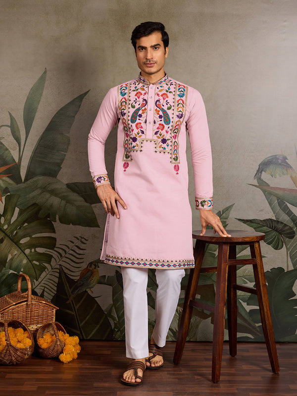 Men’s Pink Viscose Silk Kurta with Thread & Sequin Embroidery 