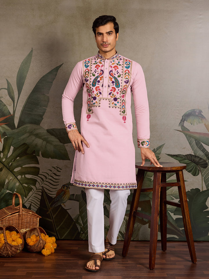 Men’s Pink Viscose Silk Kurta with Thread & Sequin Embroidery 