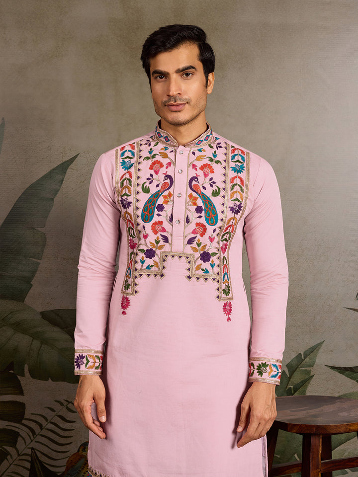 Men’s Pink Viscose Silk Kurta with Thread & Sequin Embroidery 