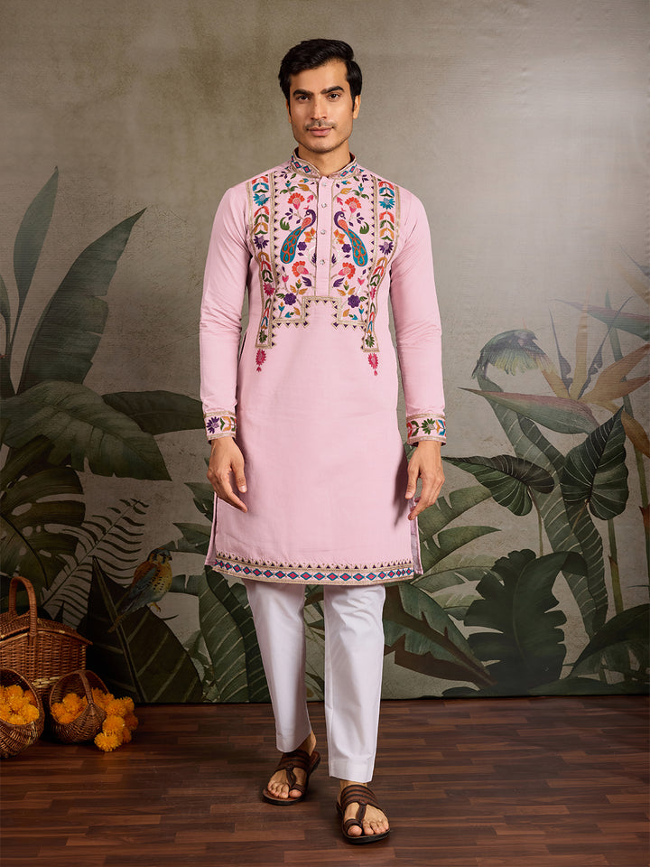 Men’s Pink Viscose Silk Kurta with Thread & Sequin Embroidery 