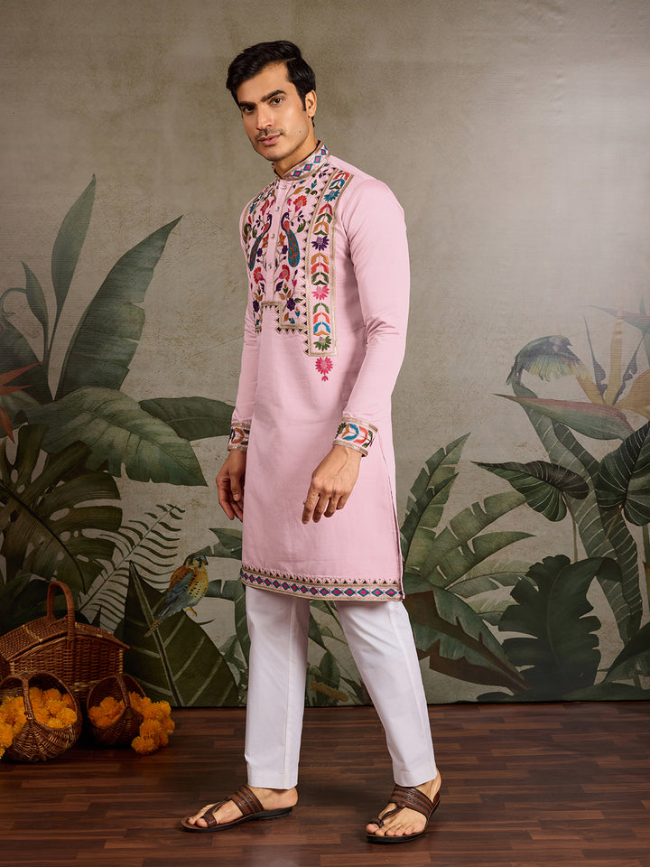 Men’s Pink Viscose Silk Kurta with Thread & Sequin Embroidery 