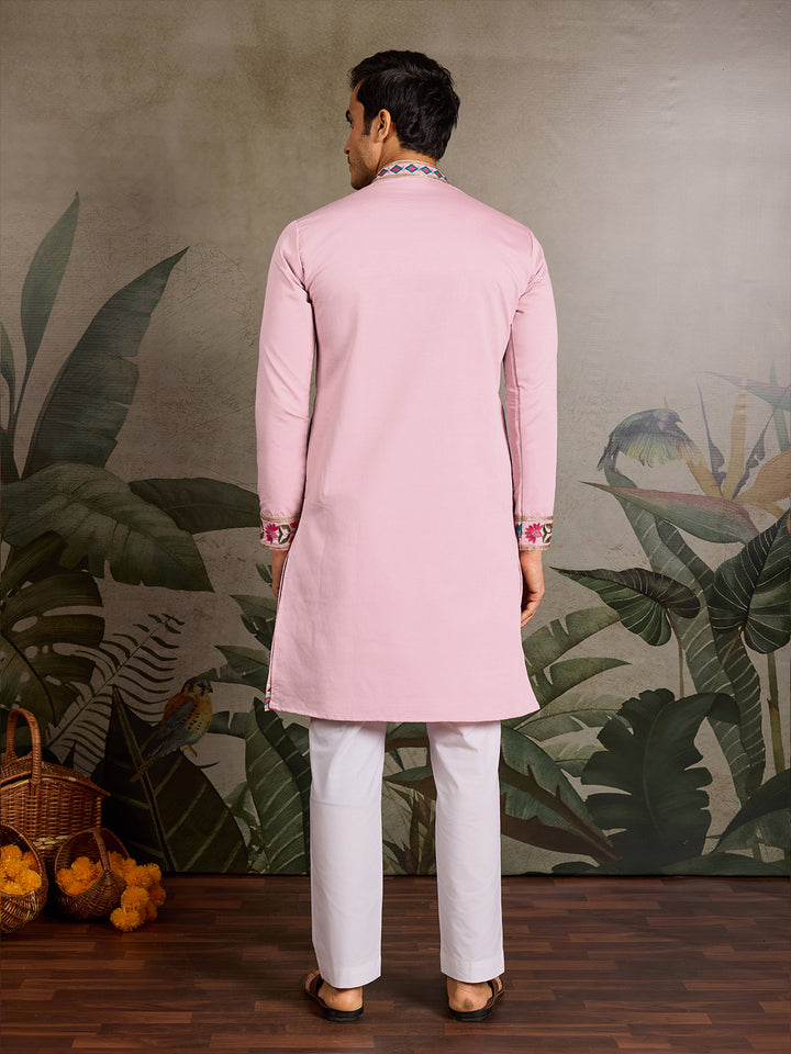 Men’s Pink Viscose Silk Kurta with Thread & Sequin Embroidery 