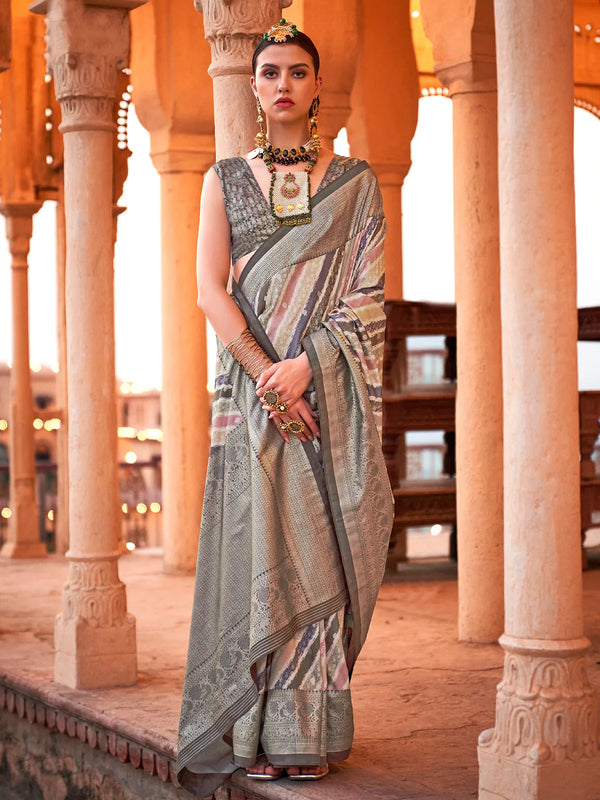 Grey & Silver Viscose Silk Saree For Festival And Weeding Wear