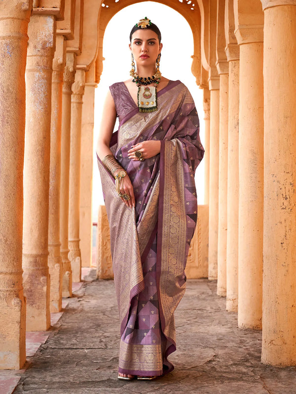 Purple-Silver Viscose Silk Saree For Festival And Weeding Wear