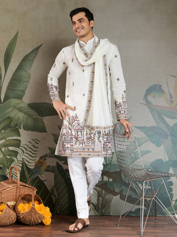 White Viscose Silk Men's Wedding Kurta with Thread & Sequin Work