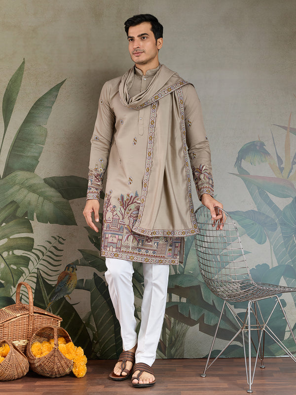 Embroidered Ivory Viscose Silk Wedding Kurta for Men
